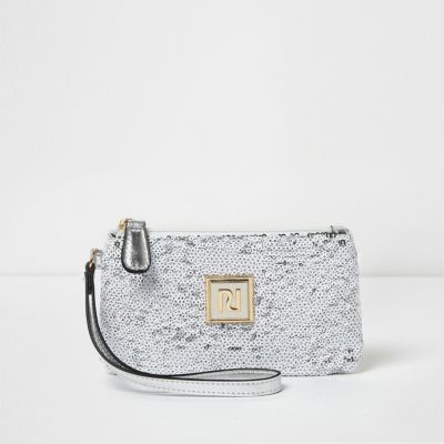 White and silver sequin mini pouch purse